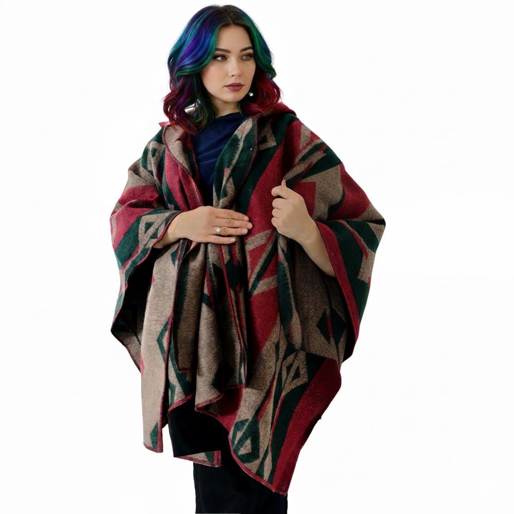 Green Beige Red Hooded Unisex Ethnic Camper Poncho