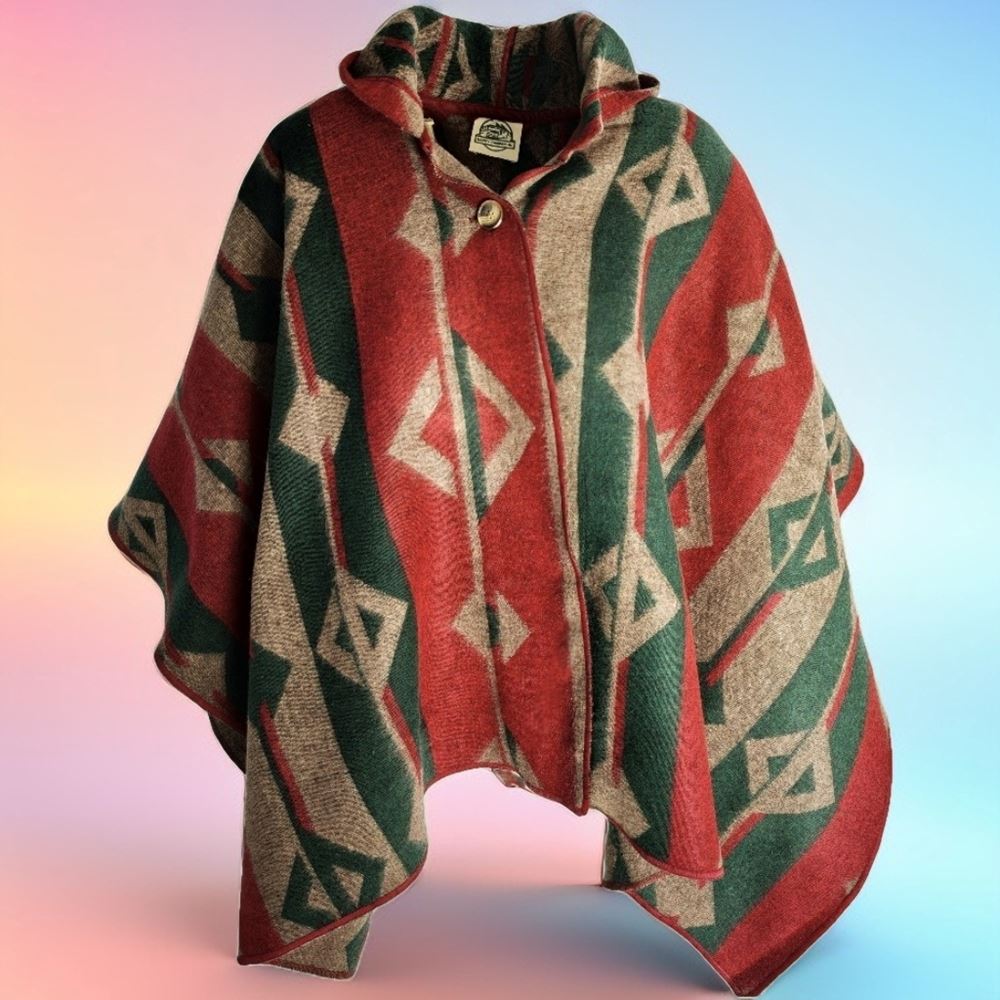 Green Beige Red Hooded Unisex Ethnic Camper Poncho