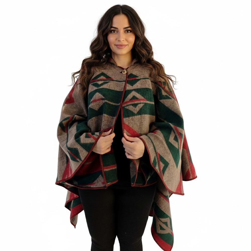 Green Beige Red Hooded Unisex Ethnic Camper Poncho