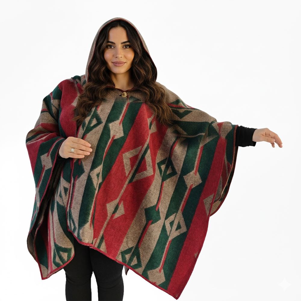 Green Beige Red Hooded Unisex Ethnic Camper Poncho