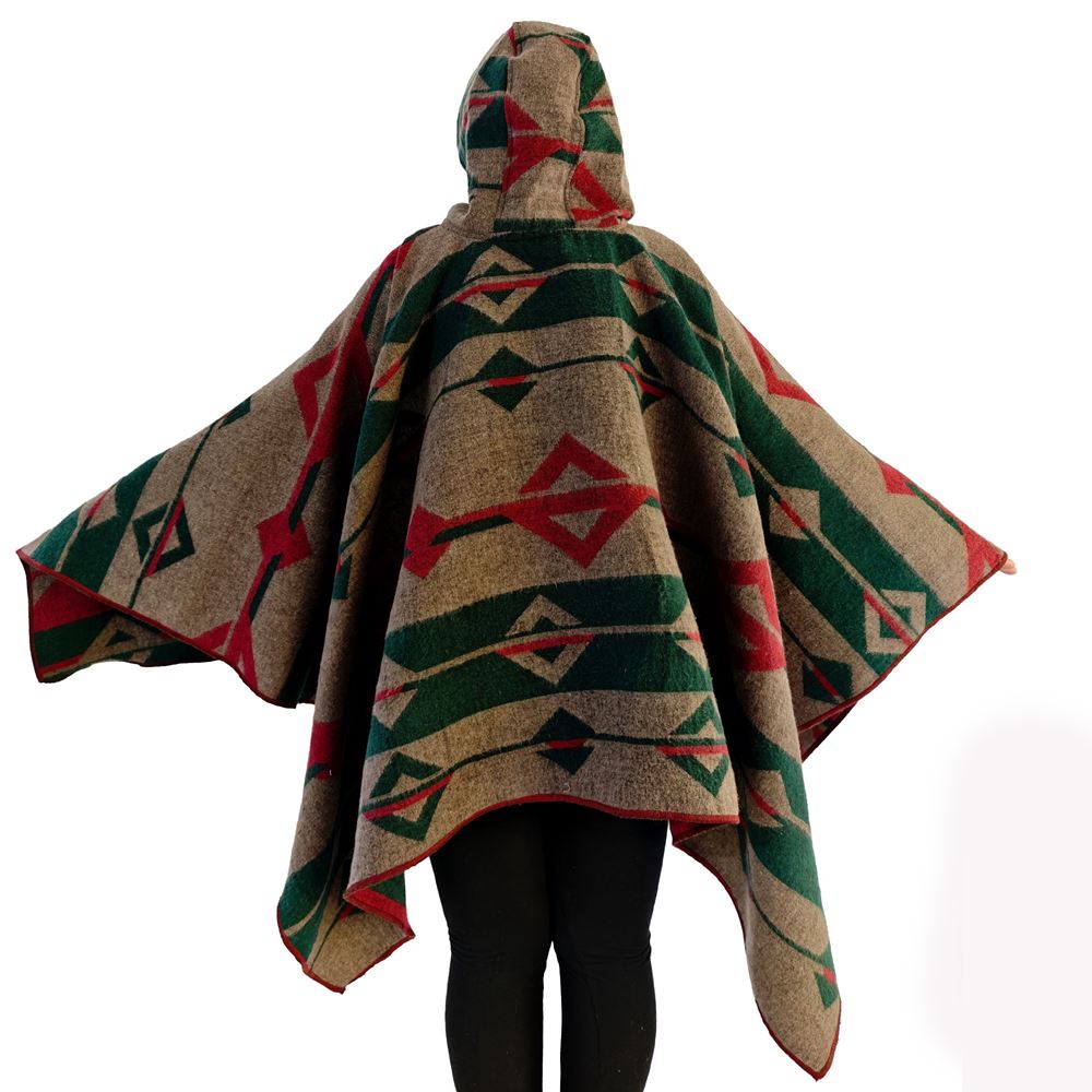 Green Beige Red Hooded Unisex Ethnic Camper Poncho