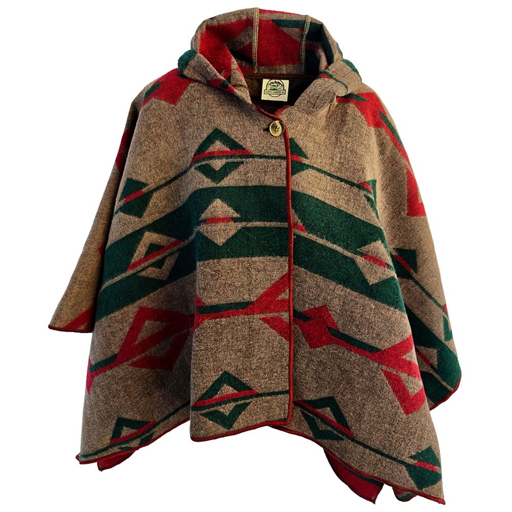 Green Beige Red Hooded Unisex Ethnic Camper Poncho