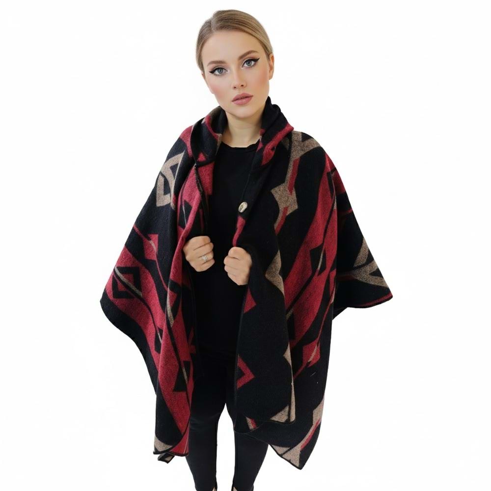 Red Beige Black Hooded Unisex Ethnic Camper Poncho