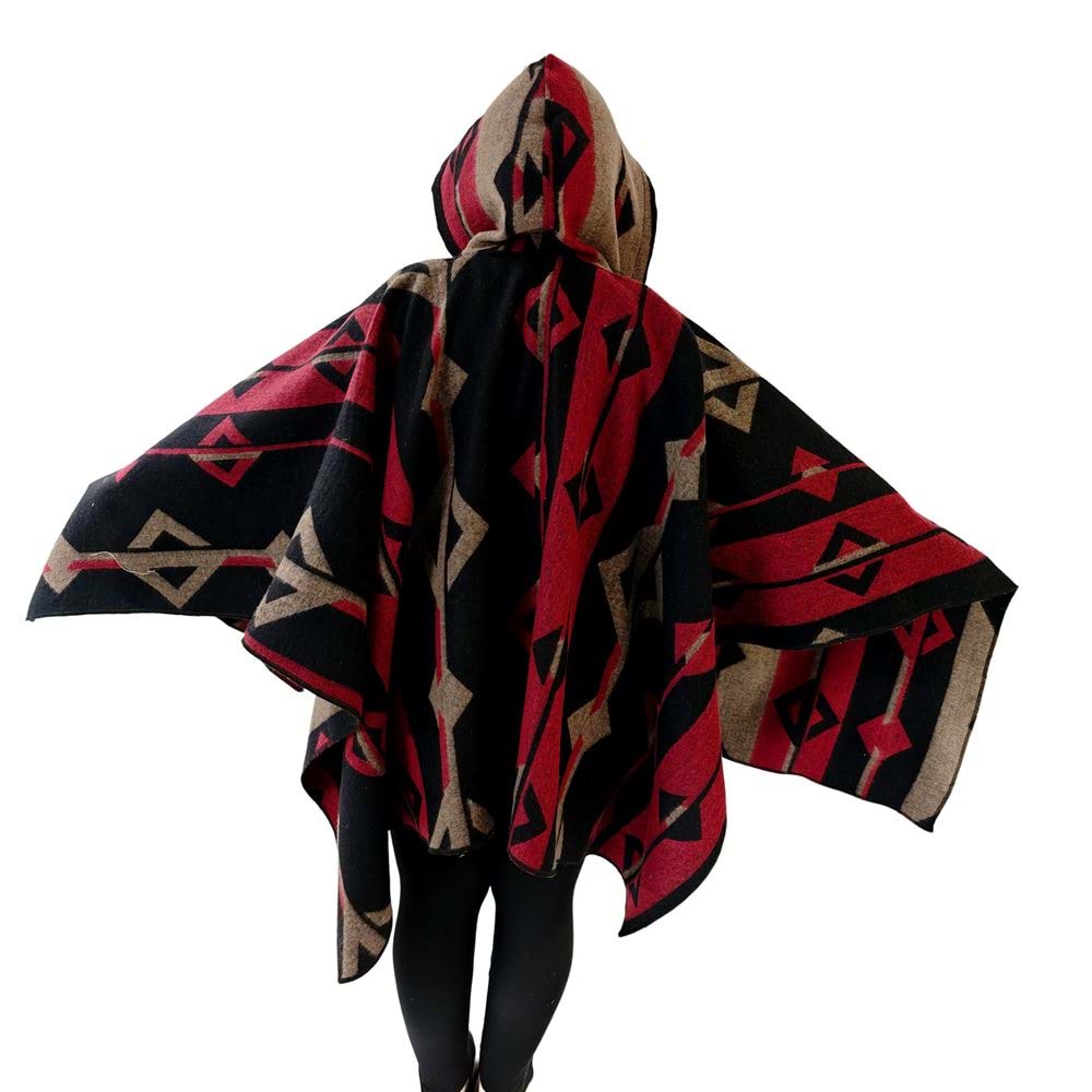 Red Beige Black Hooded Unisex Ethnic Camper Poncho