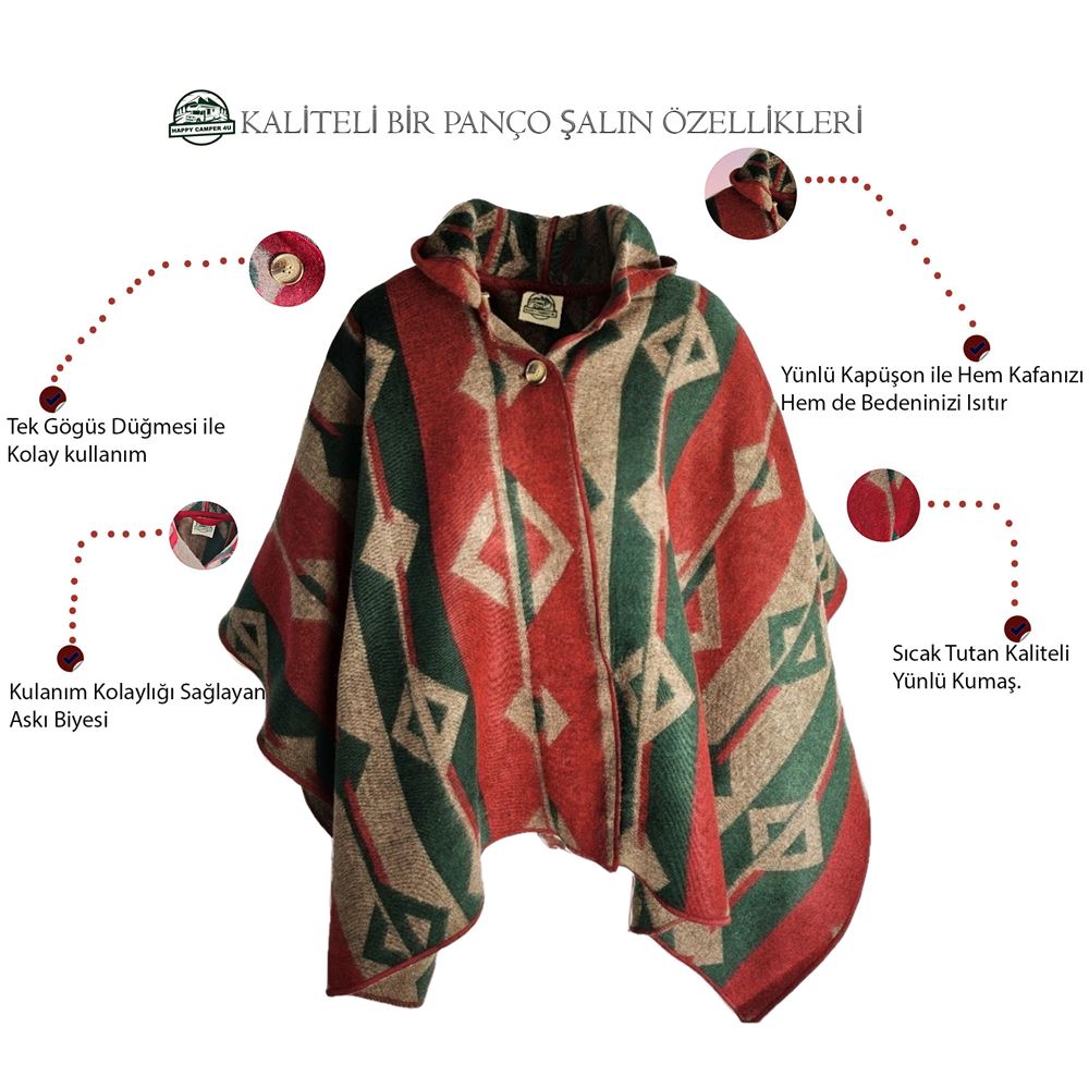 Red Beige Black Hooded Unisex Ethnic Camper Poncho