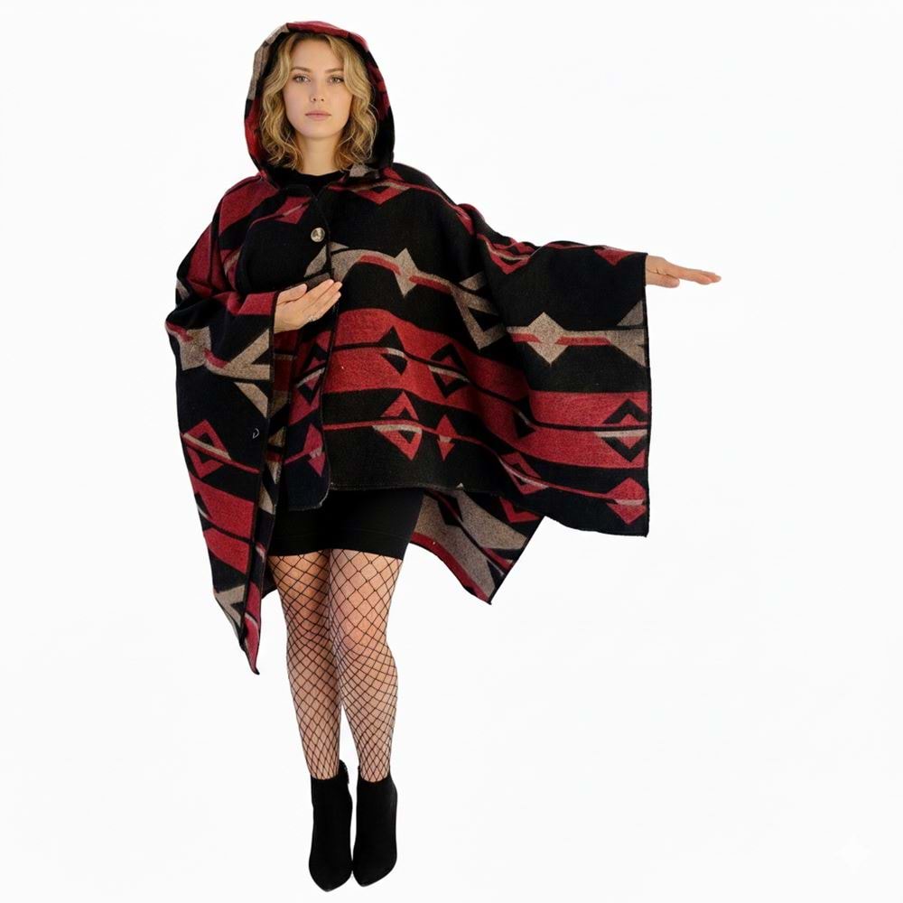 Red Beige Black Hooded Unisex Ethnic Camper Poncho