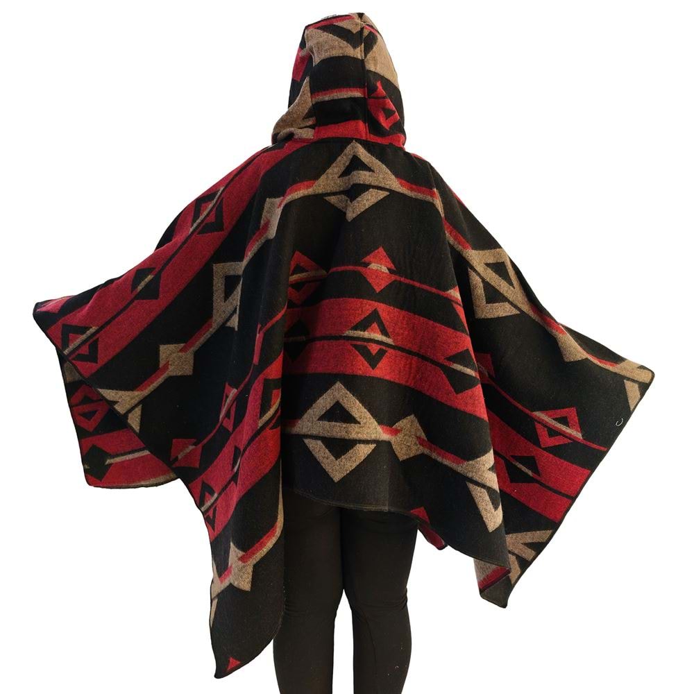 Red Beige Black Hooded Unisex Ethnic Camper Poncho
