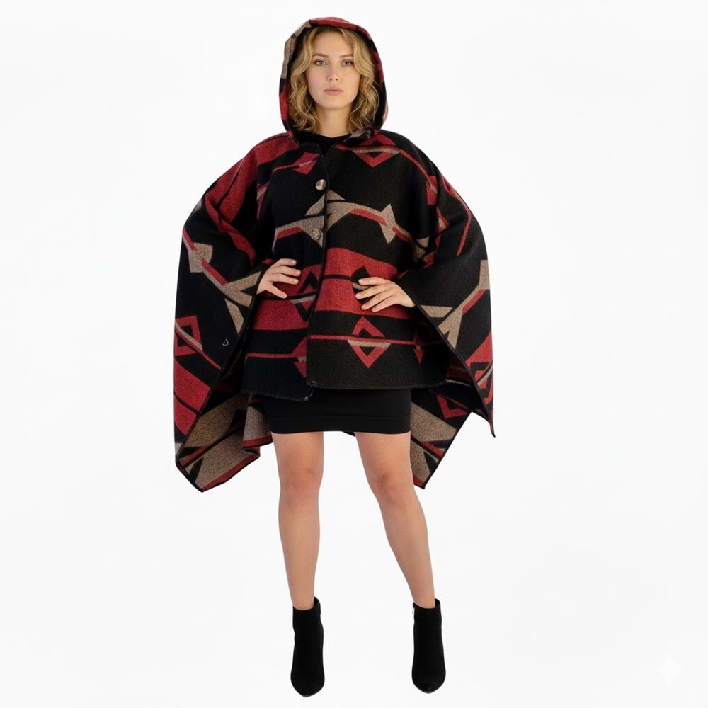 Red Beige Black Hooded Unisex Ethnic Camper Poncho