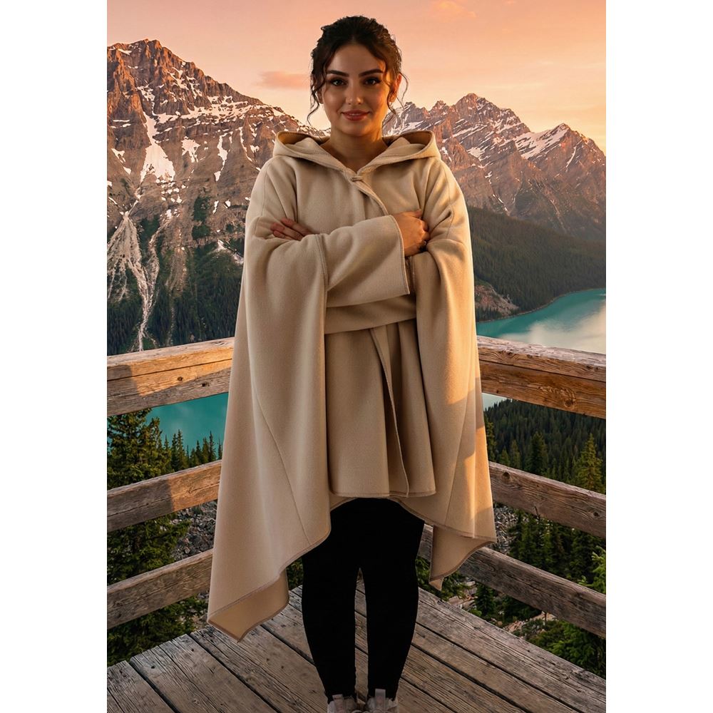 Beige Polar Fleece Hooded Unisex Ethnic Camper Poncho