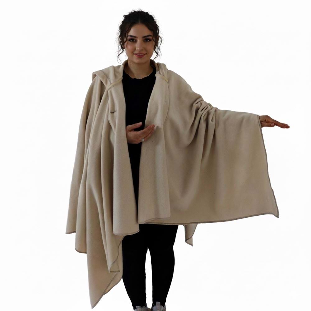 Beige Polar Fleece Hooded Unisex Ethnic Camper Poncho