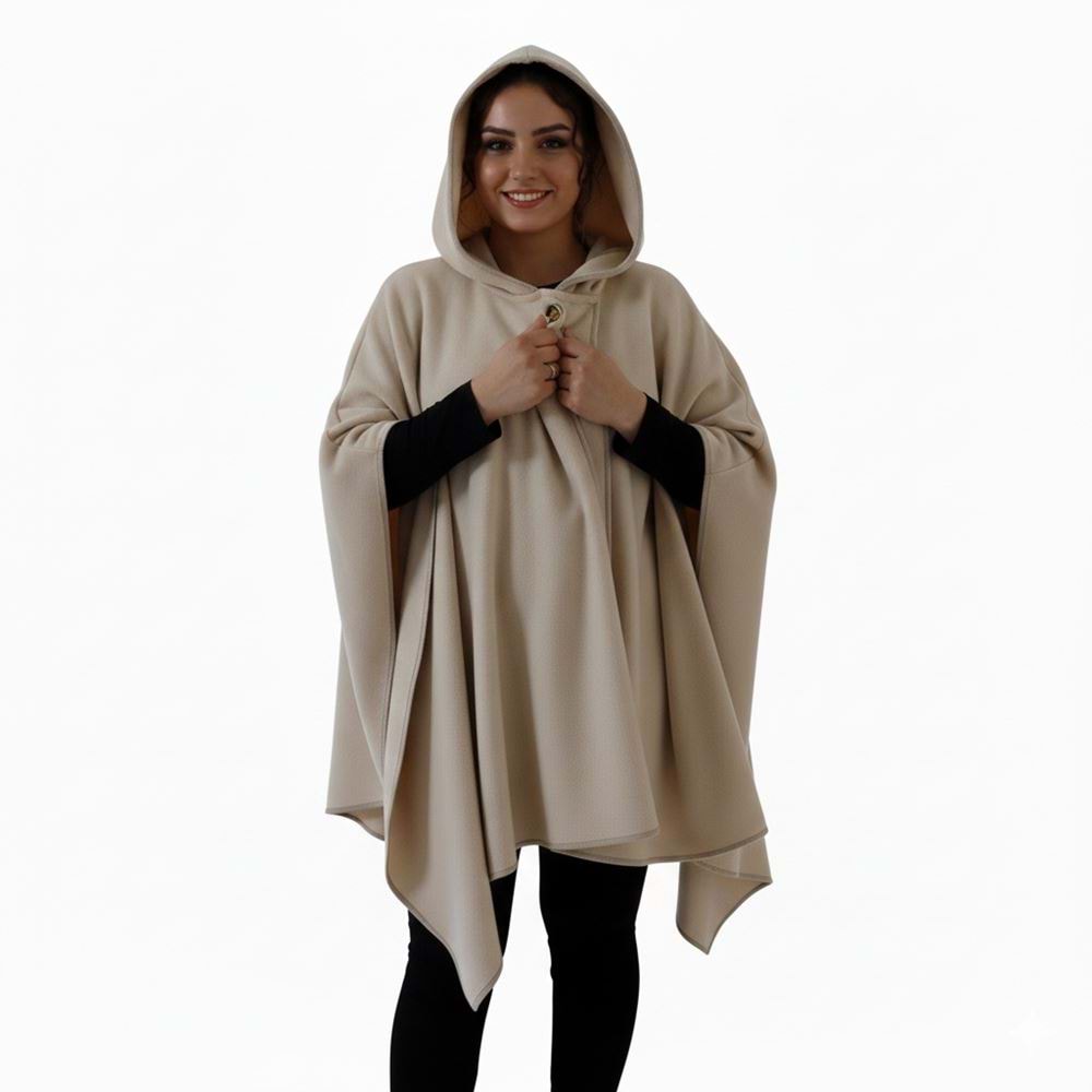 Beige Polar Fleece Hooded Unisex Ethnic Camper Poncho