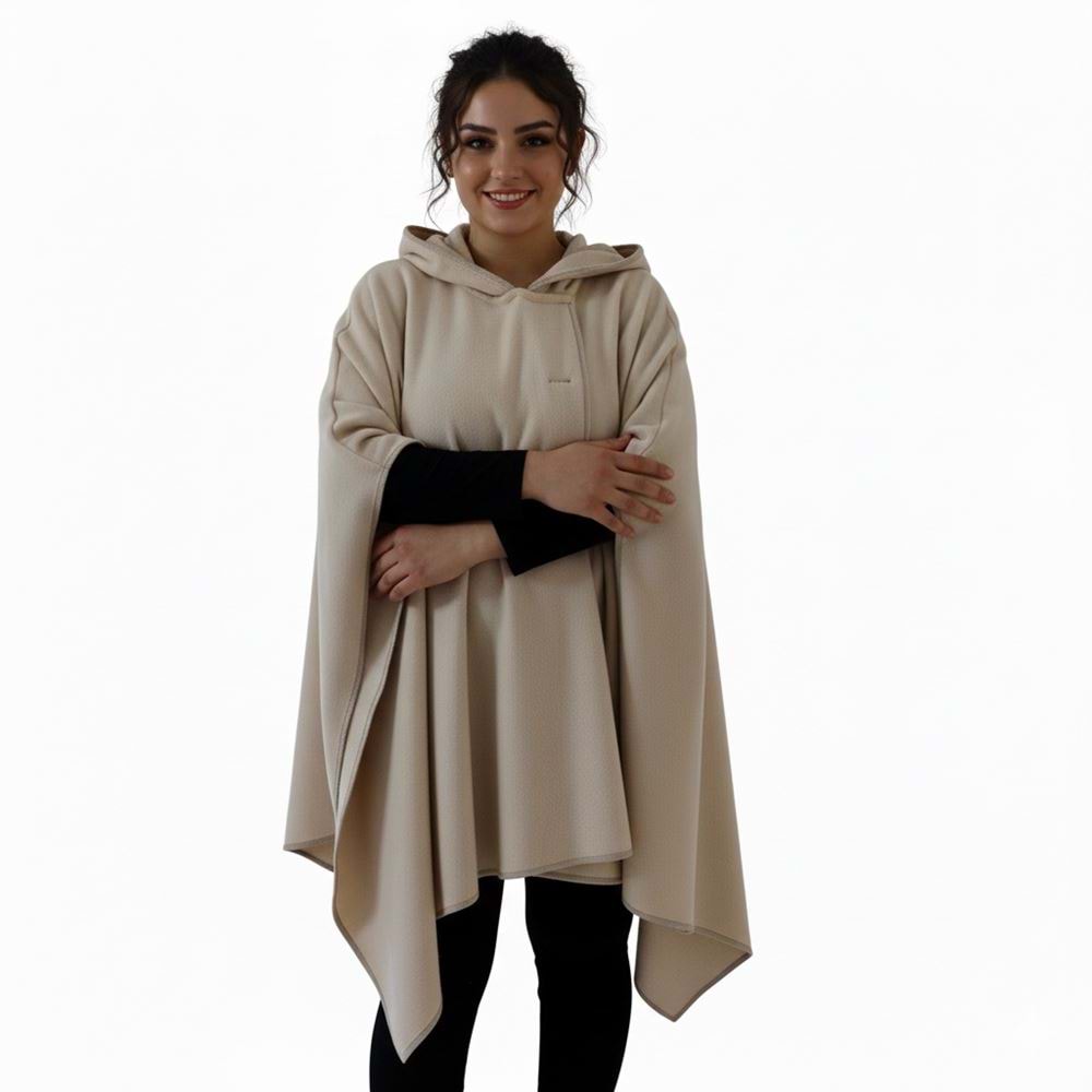 Beige Polar Fleece Hooded Unisex Ethnic Camper Poncho