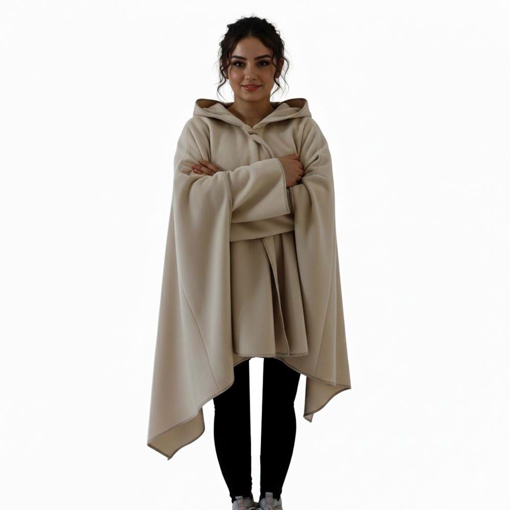 Beige Polar Fleece Hooded Unisex Ethnic Camper Poncho