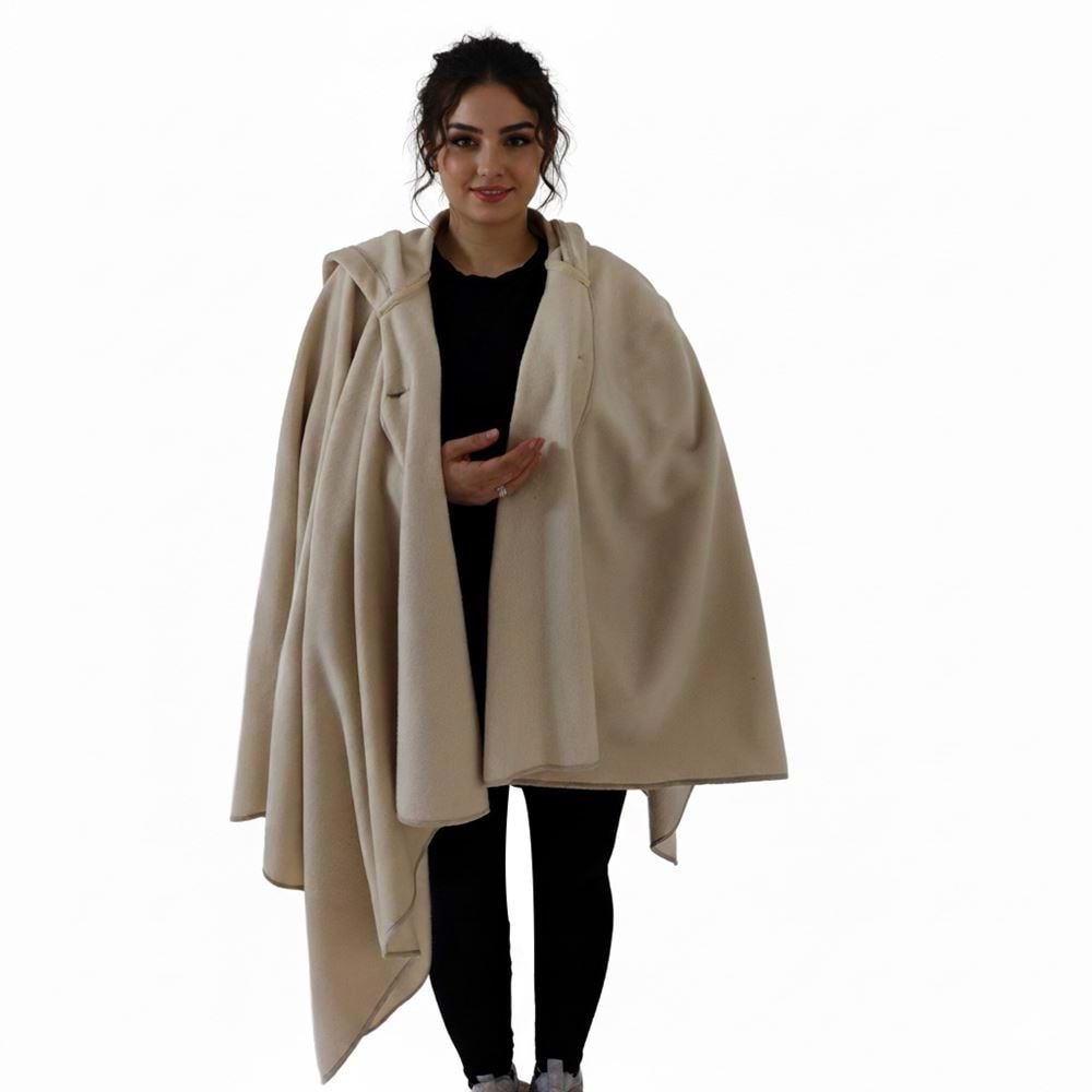 Beige Polar Fleece Hooded Unisex Ethnic Camper Poncho