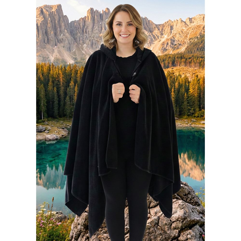 Black Polar Fleece Hooded Unisex Ethnic Camper Poncho