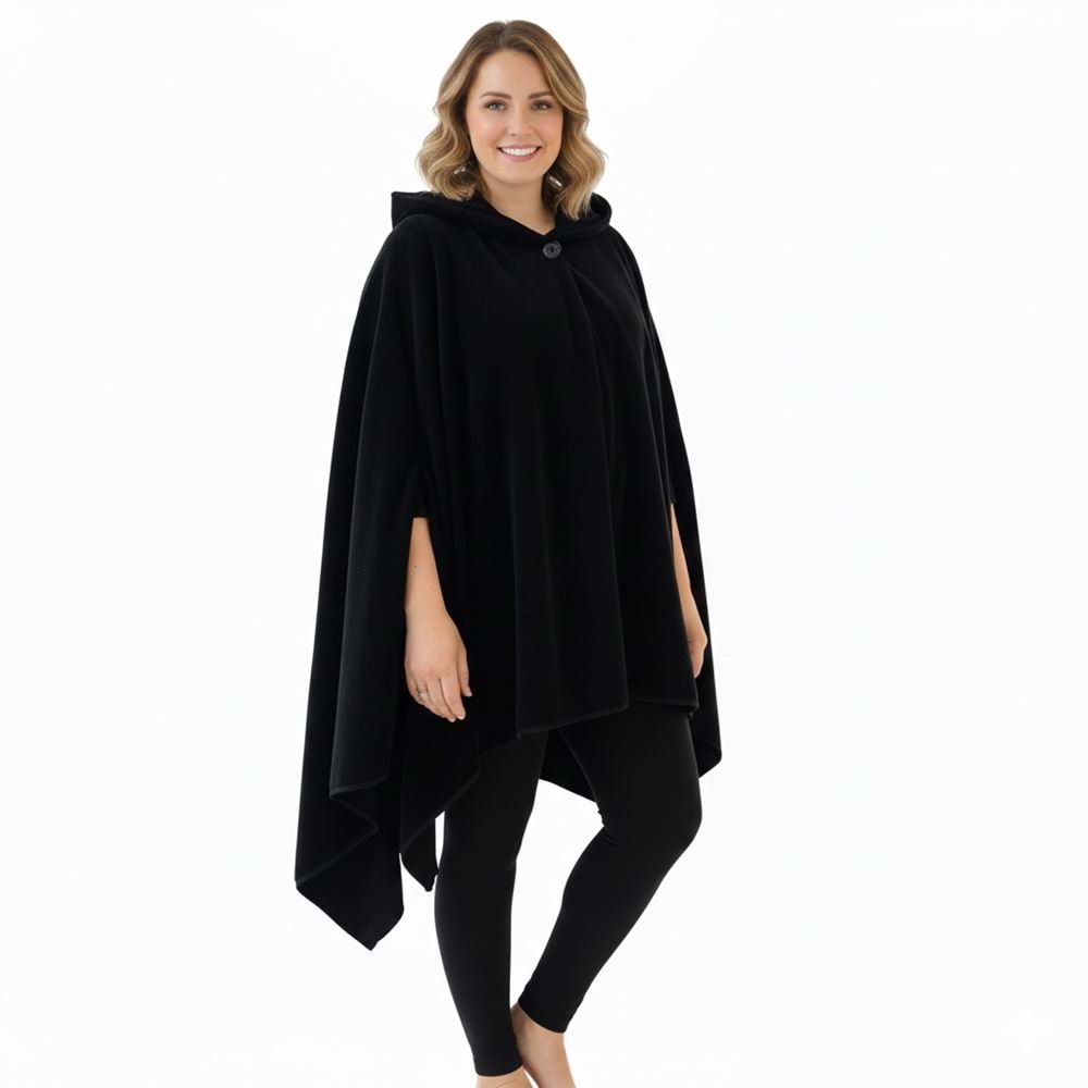 Black Polar Fleece Hooded Unisex Ethnic Camper Poncho