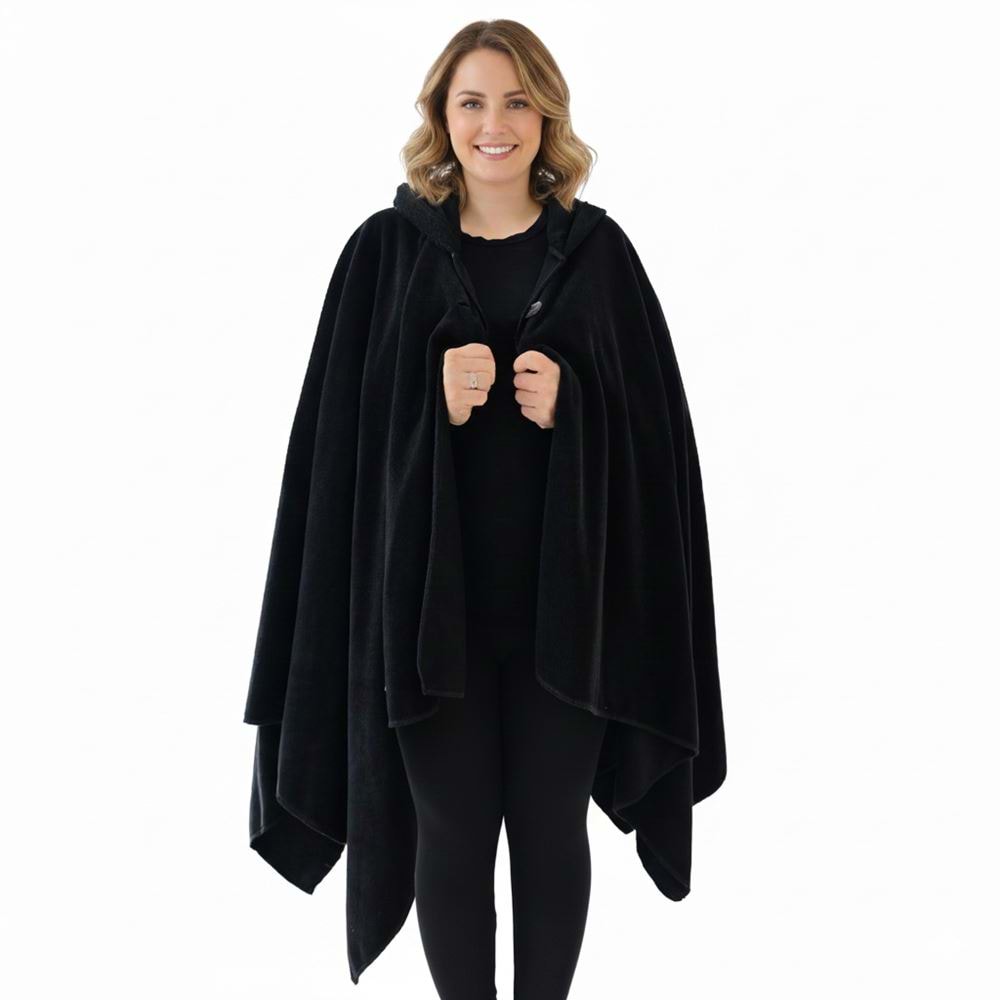 Black Polar Fleece Hooded Unisex Ethnic Camper Poncho