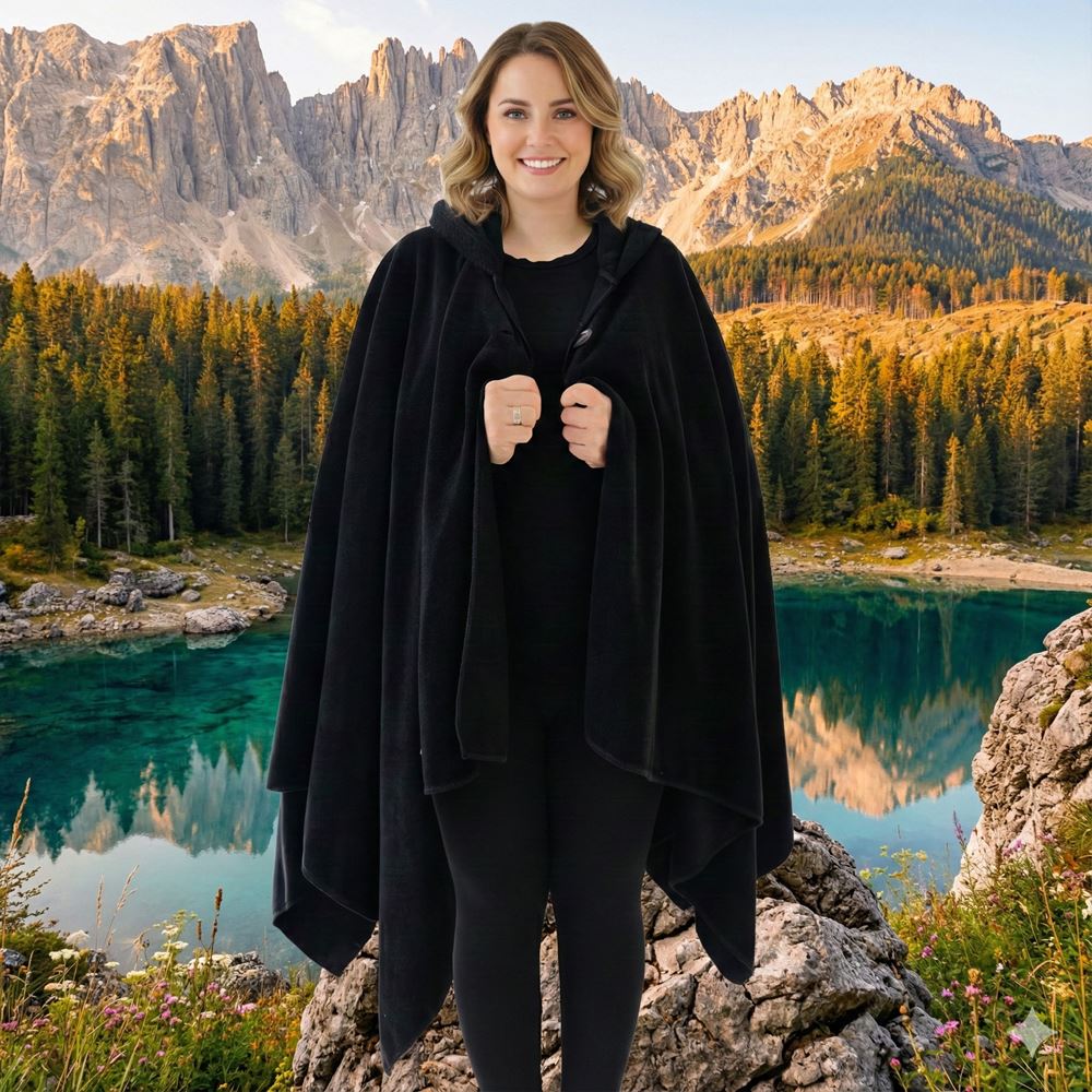 Black Polar Fleece Hooded Unisex Ethnic Camper Poncho