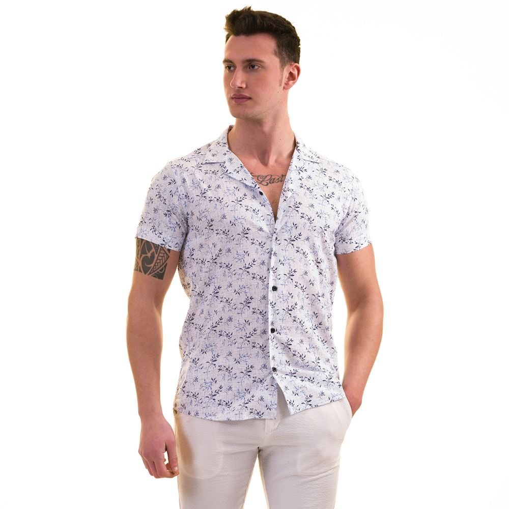 Blue Leaves on White Cotton Men's Short Sleeves Shirt