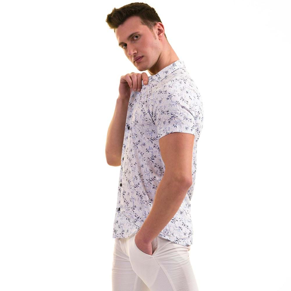 Blue Leaves on White Cotton Men's Short Sleeves Shirt