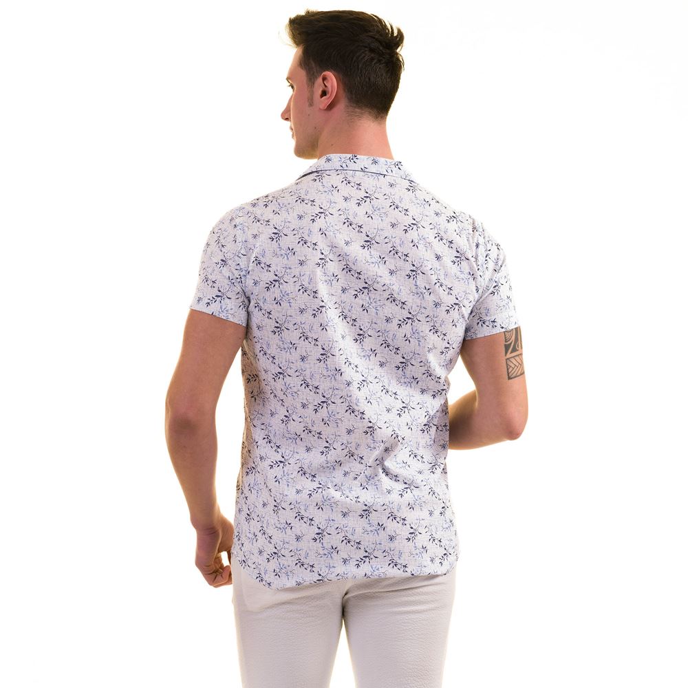 Blue Leaves on White Cotton Men's Short Sleeves Shirt