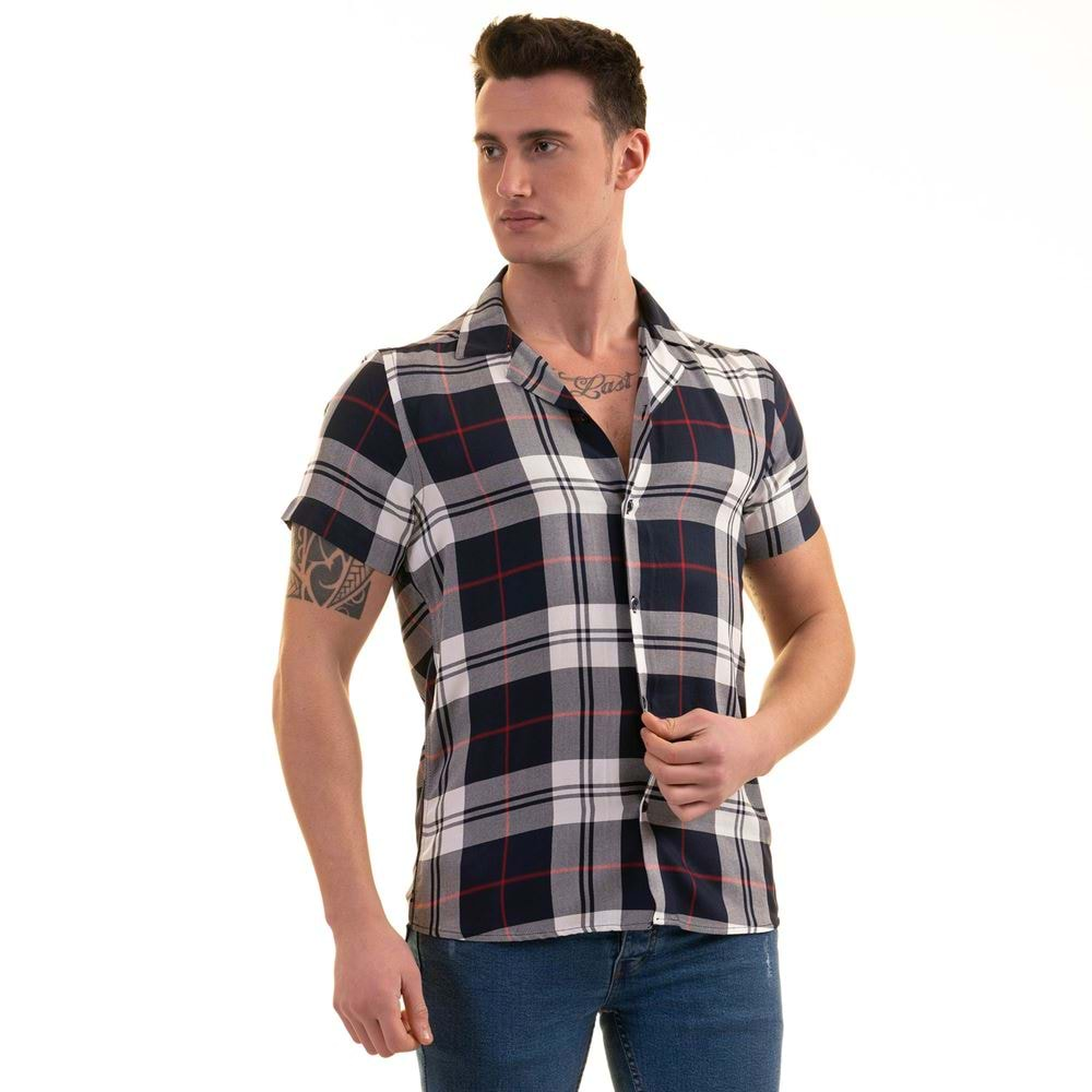 Navy Gray Red Plaid Men's Short Sleeves Shirt