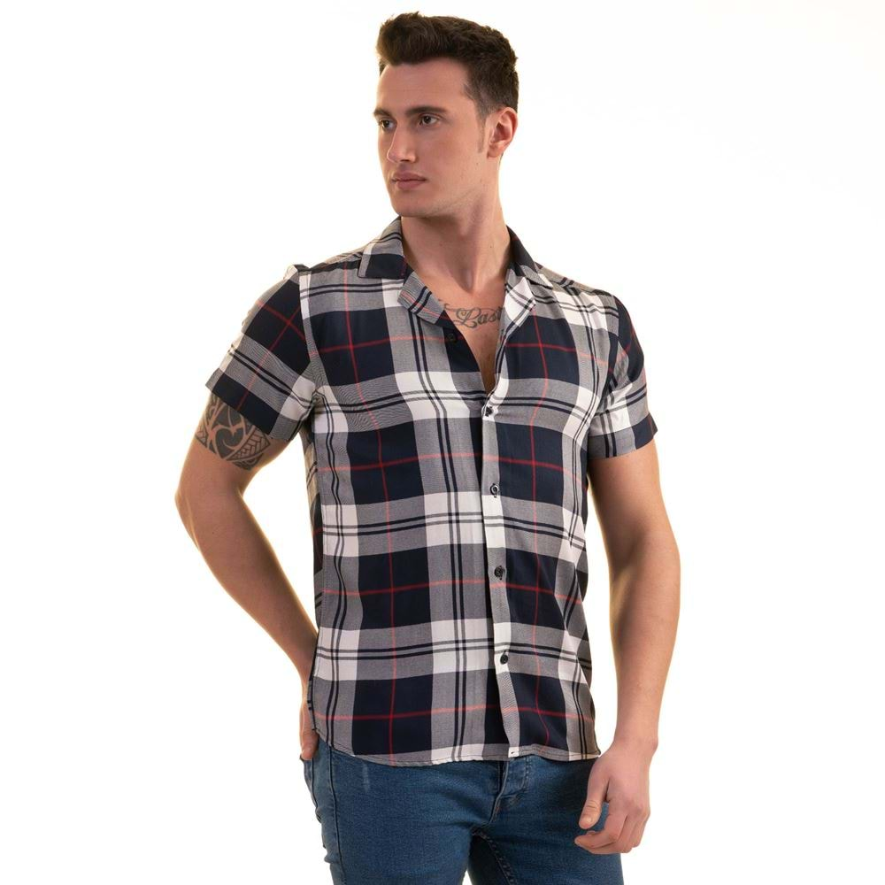 Navy Gray Red Plaid Men's Short Sleeves Shirt