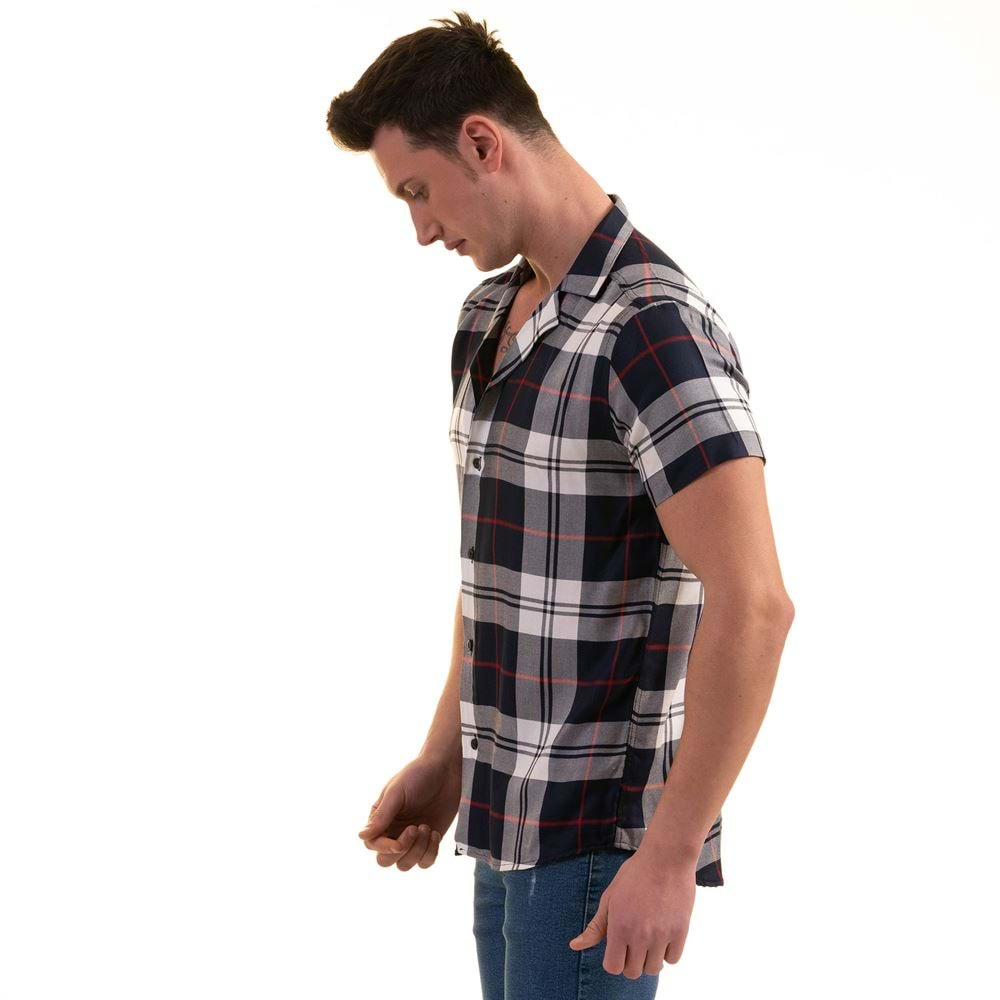 Navy Gray Red Plaid Men's Short Sleeves Shirt