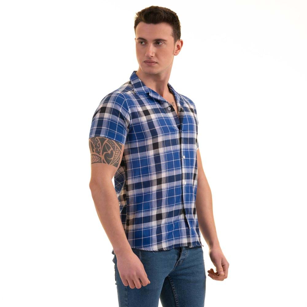 Blue Navy White Plaid Men's Short Sleeves Shirt