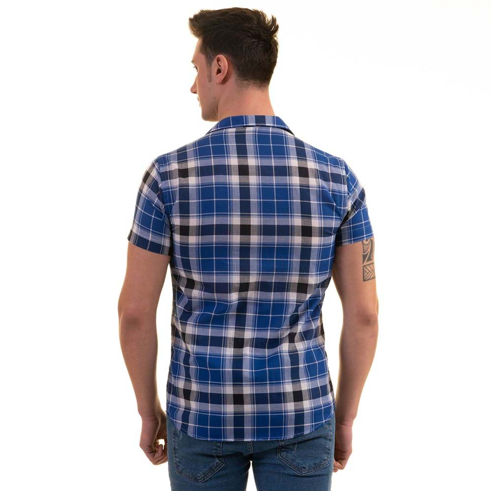 Blue Navy White Plaid Men's Short Sleeves Shirt