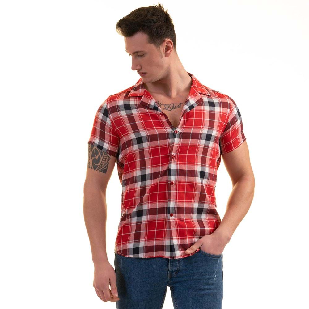 Red Black White Plaid Men's Short Sleeves Shirt