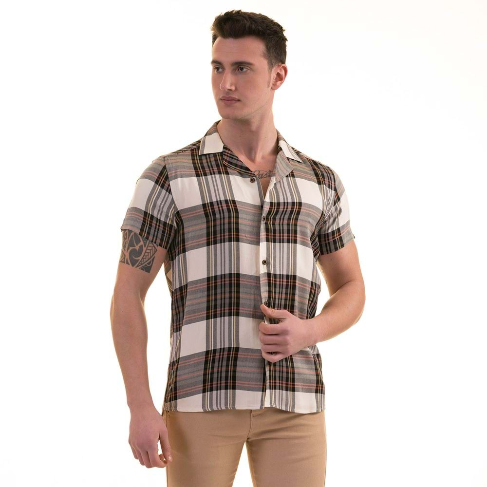 Beige Black Red Plaid Viscose Men's Short Sleeves Shirt