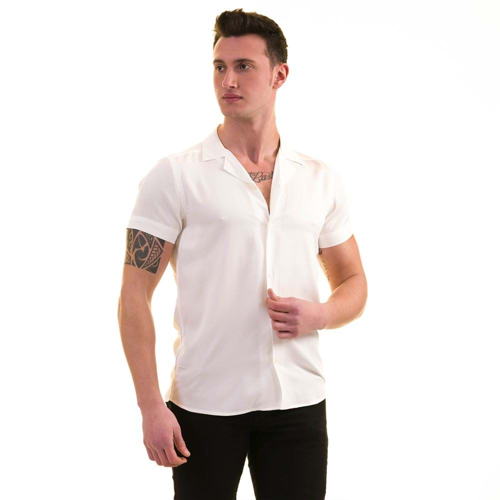 White Solid Viscose Men's Short Sleeves Shirt