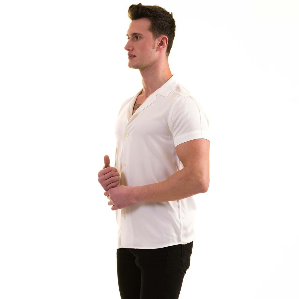 White Solid Viscose Men's Short Sleeves Shirt