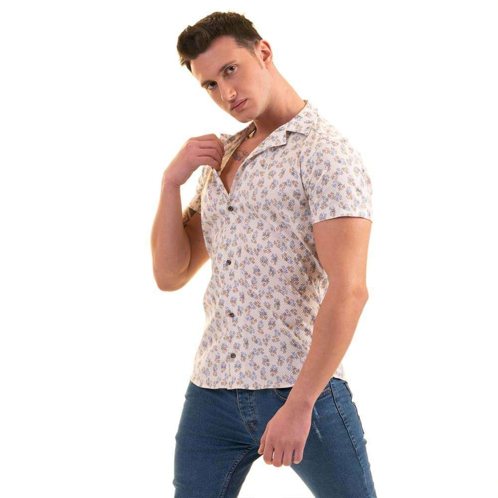 Bige Brown Blue Floral Men's Short Sleeves Shirt