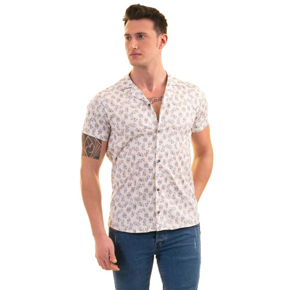 Bige Brown Blue Floral Men's Short Sleeves Shirt