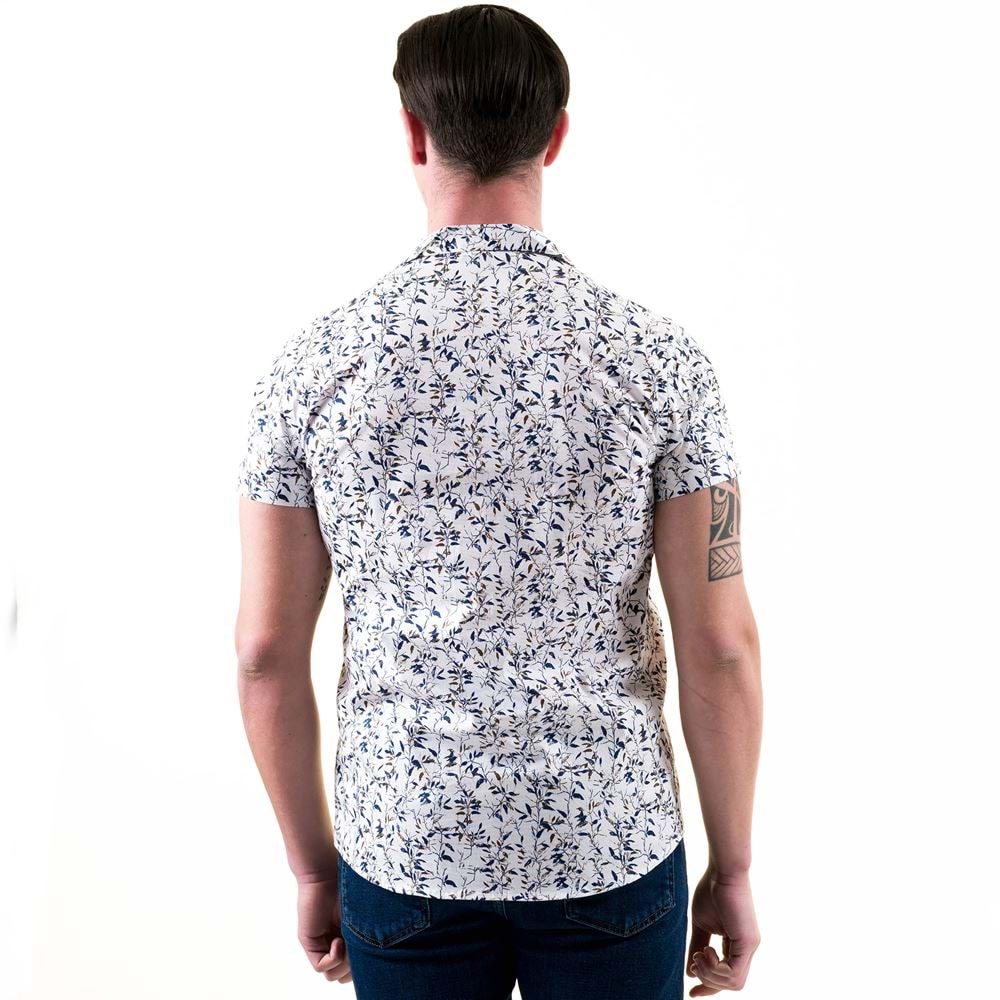 Brown and Navy Floral Men's Camp Collar Short Sleeves Shirt