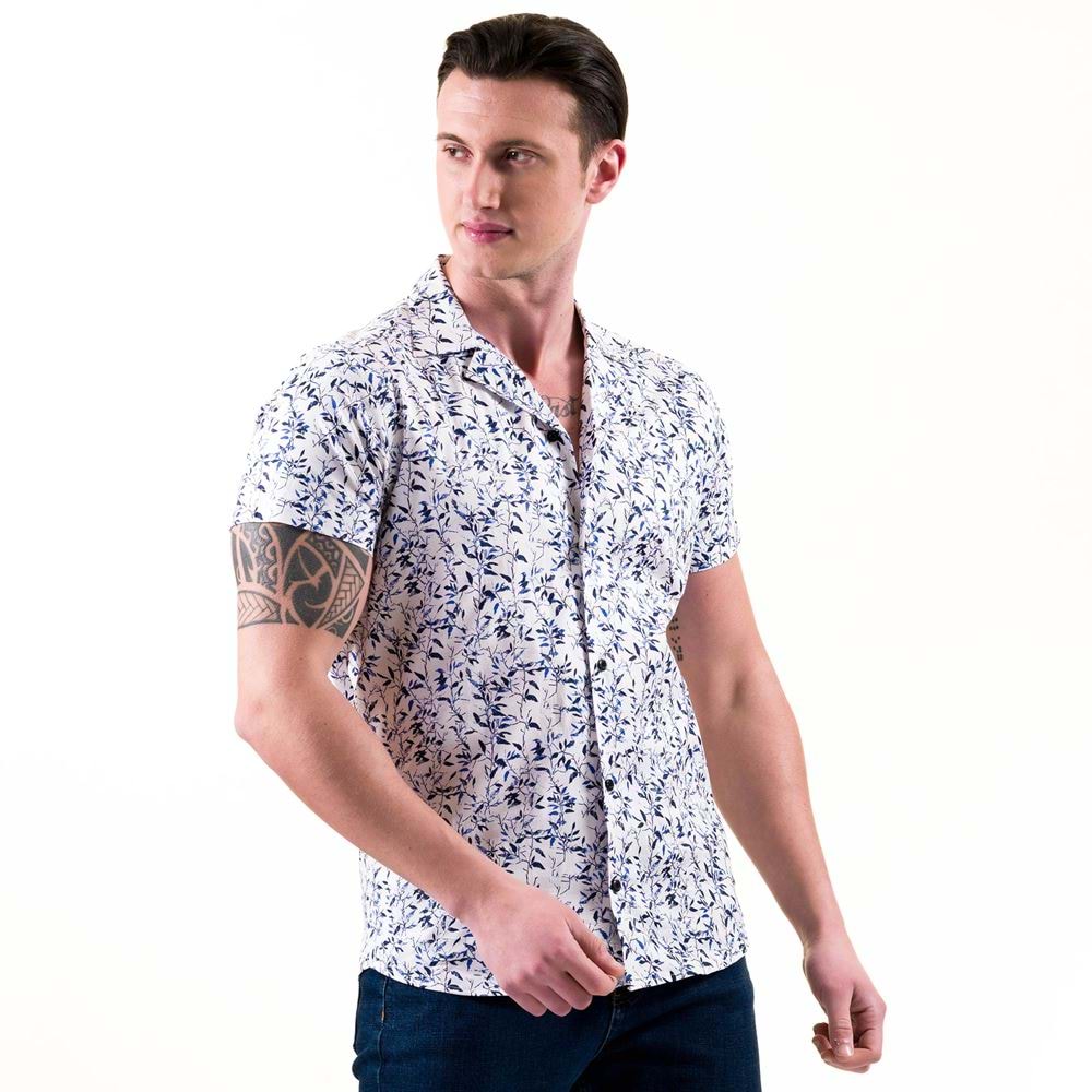 Blue Floral Men's Camp Collar Short Sleeves Shirt