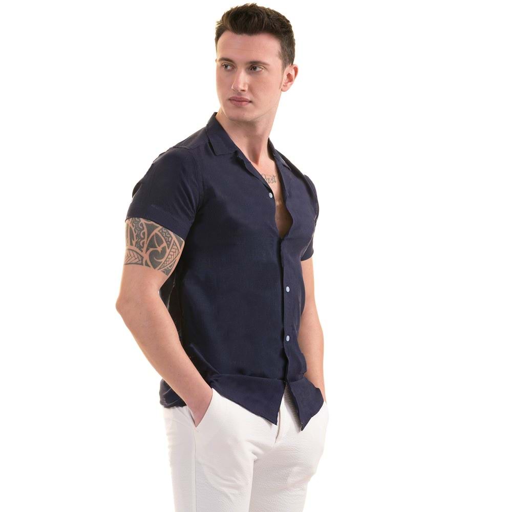 Navy Solid Men's Camp Collar Vacation Shirt