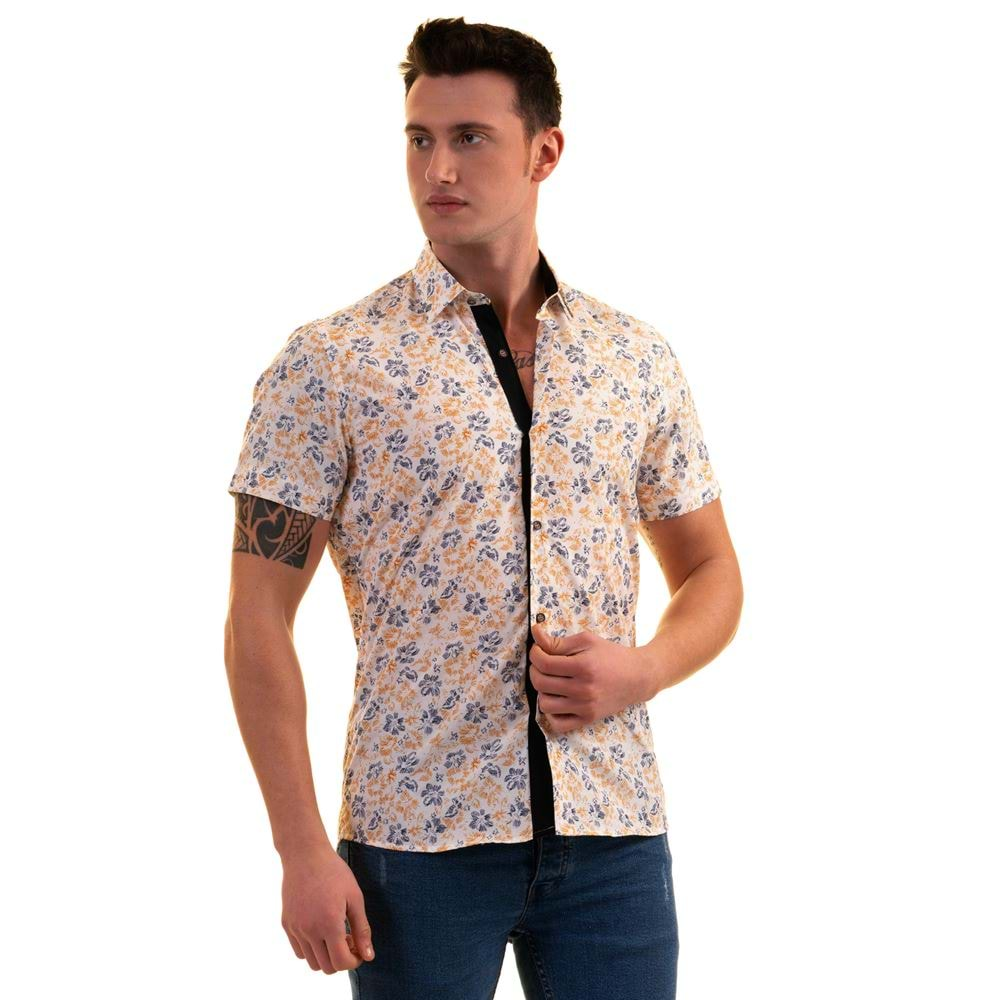 Navy Yellow Floral White Men's Short Sleeves Shirt