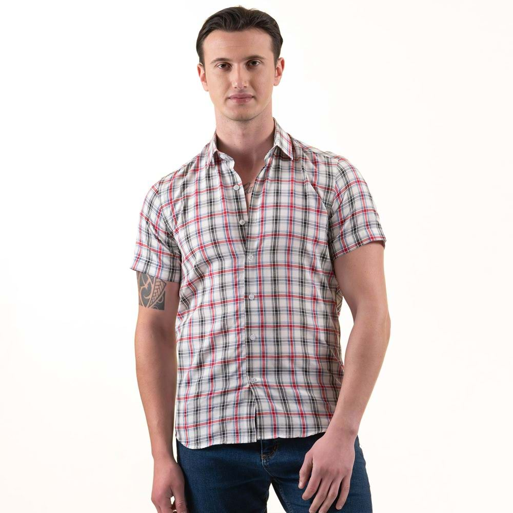 Red Black Blue Plaid Summer Men's Short Sleeves Shirt