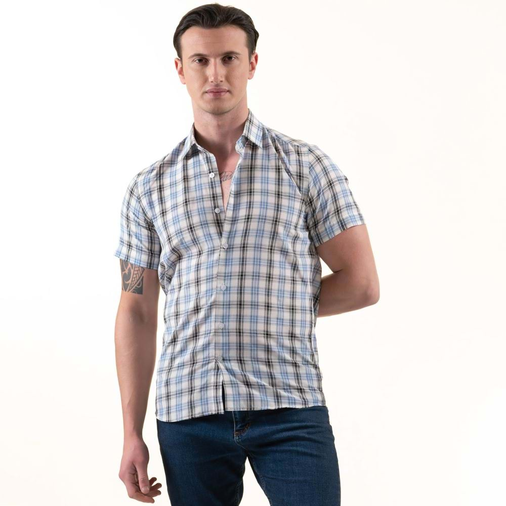 Blue White Black Plaid Summer Men's Short Sleeves Shirt