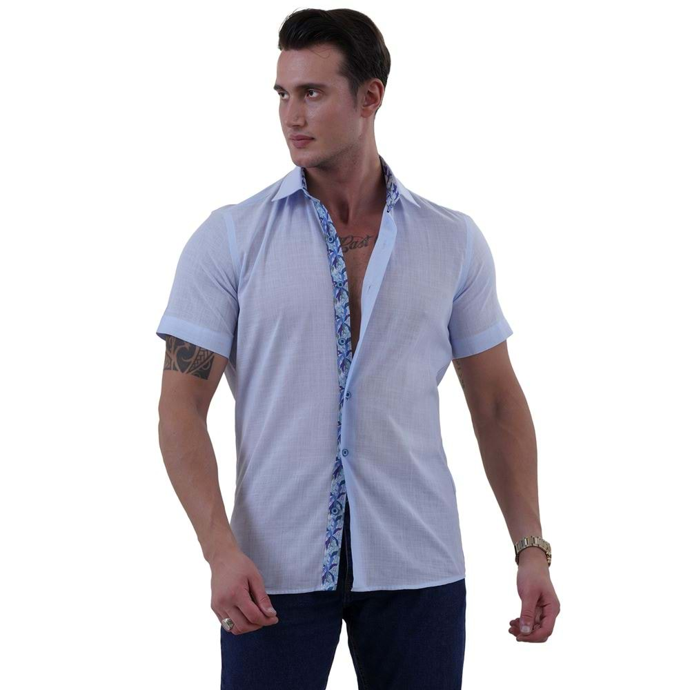 Blue Linnen Designer Men's Short Sleeves Shirt