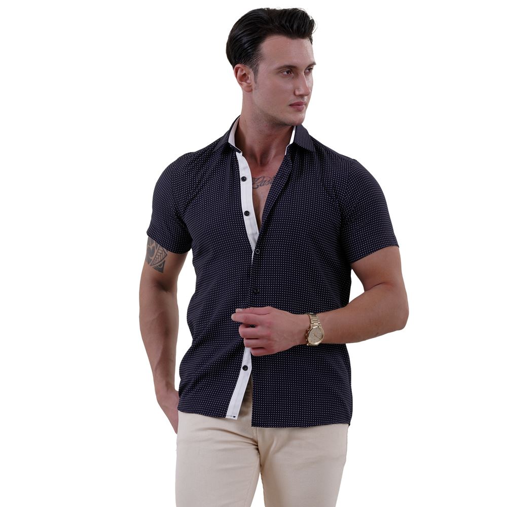 Navy with White Geometric Print Men's Short Sleeves Shirt