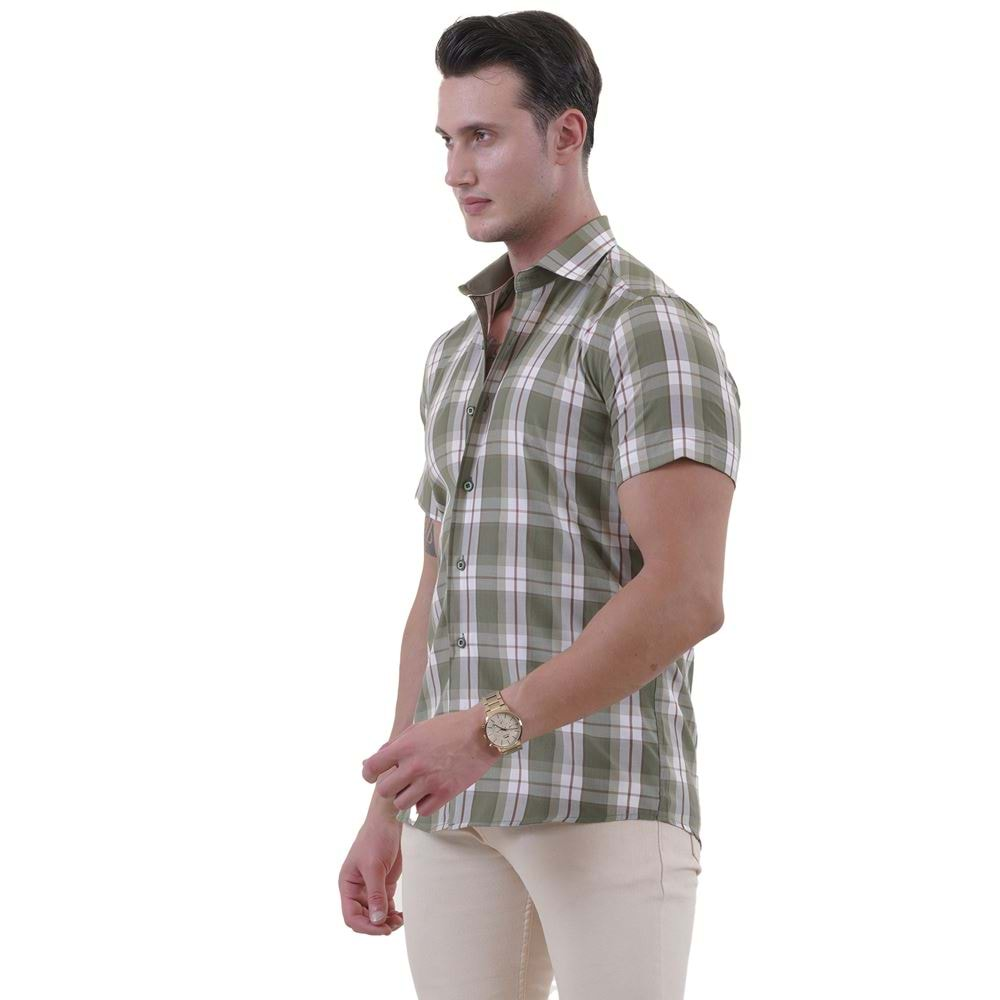 Green Burgundy Plaid Classical Men's Short Sleeves Shirt