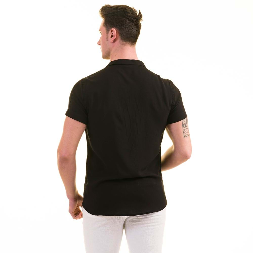 Black Basic Camp Collar Men's Short Sleeves Shirt