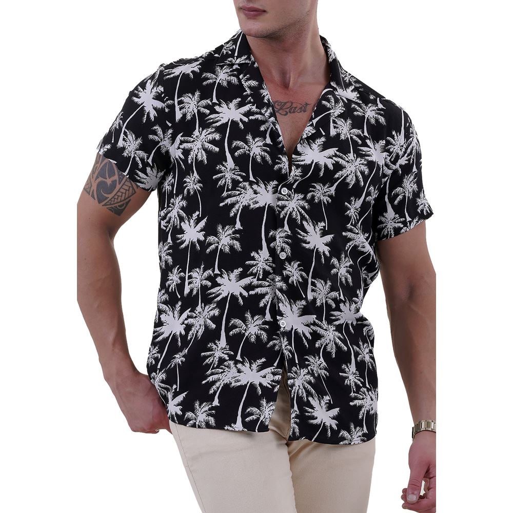 Black White Hawaii Digital Print Camp Collar Men's Short Sleeves Shirt