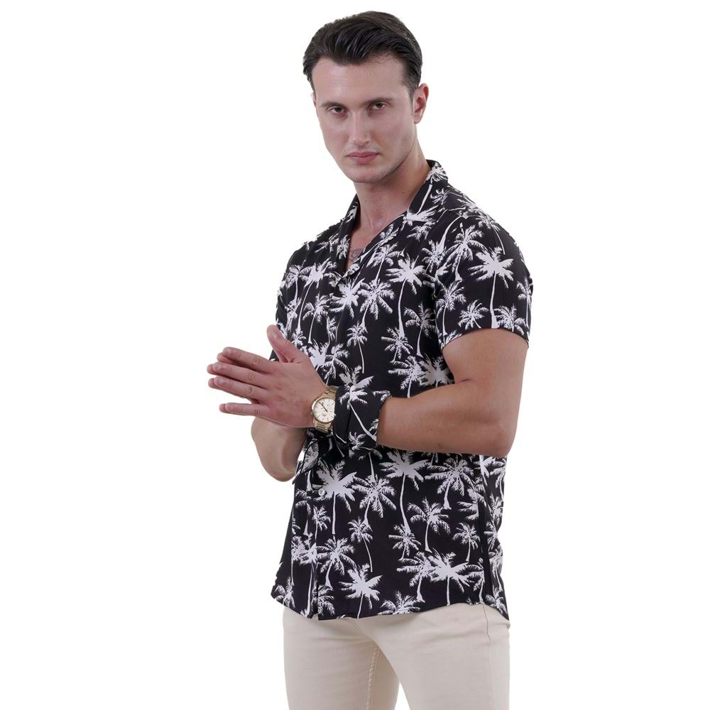 Black White Hawaii Digital Print Camp Collar Men's Short Sleeves Shirt