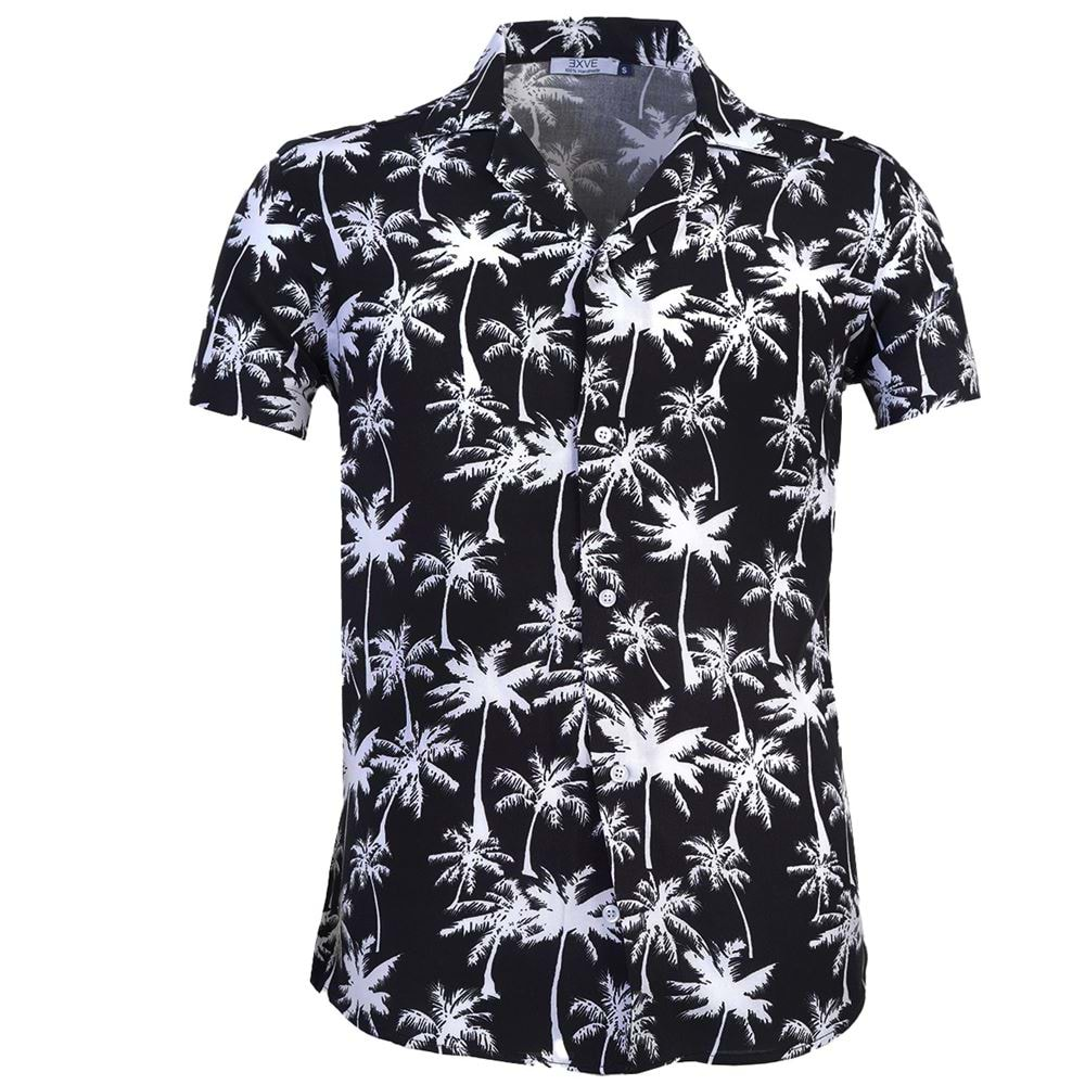 Black White Hawaii Digital Print Camp Collar Men's Short Sleeves Shirt