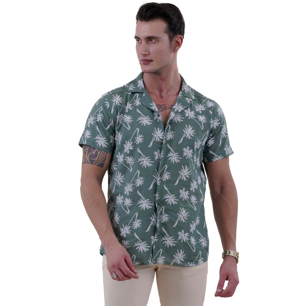 Leaf Green White Palm Digital Print Camp Collar Men's Short Sleeves Shirt